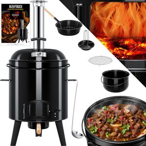 KESSER® Gulaschkessel Gulaschkanone | Eintopfofen mit Grillfunktion Ofen Grill Kugelgrill + Hähnchenbräter 8L Pfanne Kesselgulasch Topf 17 Liter emailliert mit Deckel für die Outdoor Küche Feldküche