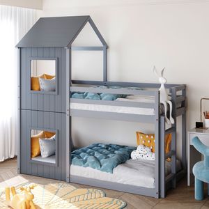 Flieks Etagenbett Hochbett mit Treppe und Lattenrost Hausbett Kinderbett 200x90cm Kiefer ohne Matratze