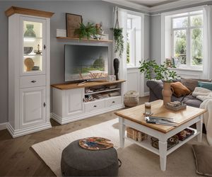 Wohnmöbel Set weiß ESBJERG-69 Landhausstil in Kiefer weiß lackiert mit Eiche massiv 4-teilig
