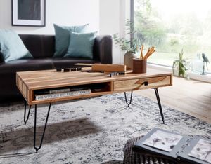 WOHNLING Couchtisch BAGLI Massiv-Holz Akazie 110 cm breit Wohnzimmer-Tisch Design Metallbeine Landhaus-Stil Beistelltisch