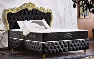 Casa Padrino Barock Doppelbett Schwarz / Gold - Prunkvolles Samt Bett mit Matratze - Komplett Set - Barock Schlafzimmer Möbel