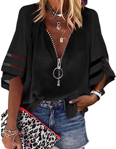 ASKSA Damen Bluse 1/2 Glockenärmel mit Netzstoff Tunika Elegant Reißverschluss Locker Hemd T-Shirt V-Ausschnitt Shirts Oberteile, Schwarz, M
