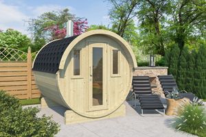 Finn Art  Fass-Sauna Ove 1 PLUS, ohne Saunaofen, Dachschindeln Grün