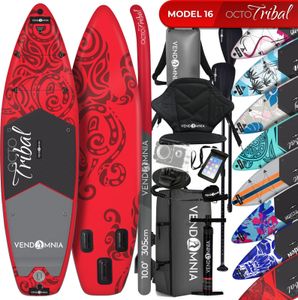SUP Board Set – 305 cm, aufblasbar, Kajaksitz, Camera Mount, Pumpe, Tragetasche, Paddel, max. 170 kg, Farbwahl - Modelle: Modell 16 - Octo Tribal rot