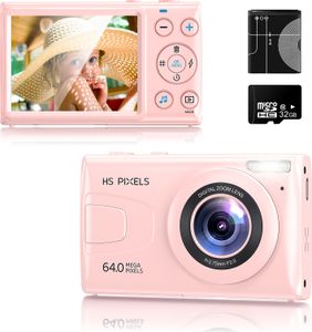 OKA digitálny fotoaparát, fotokamera, FHD 4K 64MP kompaktný fotoaparát, s 32G kartou, 18x digitálny zoom kompaktný fotoaparát pre začiatočníkov, deti, chlapec dievča, ružový