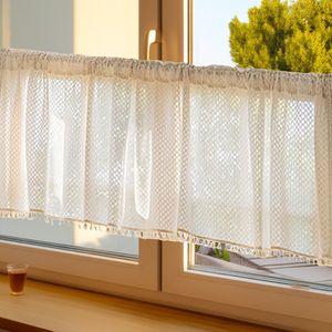 Vintage Boho Bistrogardine Blickdicht Scheibengardine Kurzgardine Stangendurchzug Gardine, Größe: 140x46cm, Farbe: Creme Beige