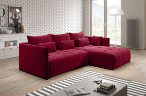 FURNIX YALTA Eckcouch L-Form  Couch Sofa Schlafsofa mit Schlaffunktion Bettkasten und Kissen modern BORDEAUX ROT MH 59