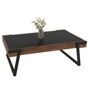 Couchtisch HWC-L89, Sofatisch Wohnzimmertisch, Eisen 43x120x64cm Sinterstein Marmor-Optik schwarz Holz dunkelbraun