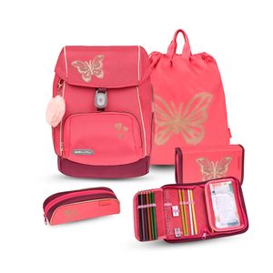 Belmil Premium ergonomischer Schulranzen Set 5 -teilig für Mädchen Für kleine Kinder, Erstklässler/Brustgurt, Hüftgurt/Magnetverschluss/Korallenfarbe (405-73/P/S Coral)