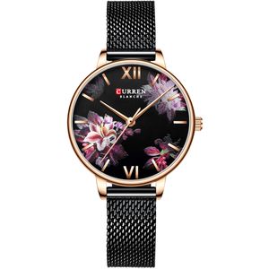 CURREN 9060 Luxusní příležitostné obchodní Quartz dámské hodinky Flower Dial Elegantní nádherné Lady náramkové hodinky 3ATM Vodotěsné hodinky náramkové hodinky pro dámy s nerezovou ocelí Mesh řemínek