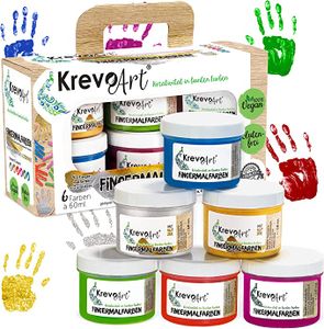 Krevo Art Fingermalfarben mit gold & silber, Fingerfarben für Kinder, 4 leuchtkräftige + 2 glitzernde Farben je 60ml, Auswaschbar, Vermalbar mit Pinsel, Schwamm, Fingern und Füßen