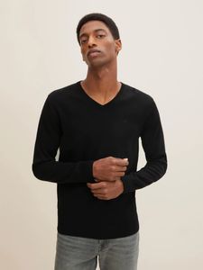 TOM TAILOR Herren Pullover Sweatshirt Rippblenden Logo V Neck Black L