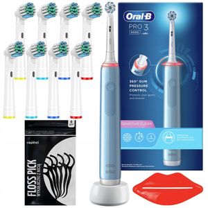 Oral-B Pro 3 3000 Sensitive Clean Blue Elektrische Zahnbürste + 8 Ersatzzahnbürstenaufsätze
