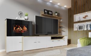 Skraut Home - Wohnmöbel mit elektrischem Kamin mit 5 Flammenstufen, mattweißer Oberfläche und gebürsteter heller Eiche, Maße: 290 x 170 x 45 cm tief