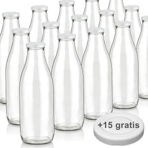 Milchflaschen 1L Smoothie Saft Flaschen 1000ml leere Glasflaschen Deckel BPA frei, 15 Milchflaschen mit 30 Deckeln