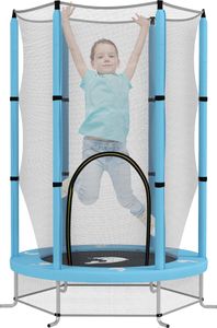 Trampolina dla dzieci AIYAPLAY Ø140 cm, trampolina wewnętrzna z siatką zabezpieczającą, gumowa osłona krawędzi, trampolina dla dzieci z drzwiami z zamkiem błyskawicznym, wzór ośmiornicy, dla dzieci w wieku 3-6 lat, jasnoniebieska