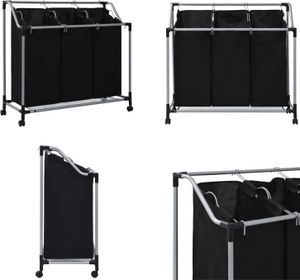 vidaXL Wäschekorb mit 3 Taschen Schwarz Stahl - Wäschesortierer - Wäschesortierbeutel - Wäschekörbe - Wäschekorb