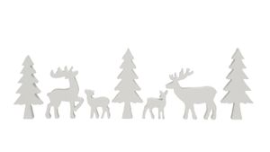 Holz Tannenwald zum dekorieren 7-teilig - weiß - Weihnachts Deko Tierfiguren Set - Tischdeko Winter Wald Tanne Tier Hirsch Rentier Figur Weihnachtsdeko
