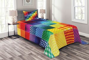 ABAKUHAUS Patchwork Tagesdecke Set, Regenbogen-Retro Patchwork, Set mit Kissenbezügen Waschbar, für Einselbetten 170 x 220 cm, Mehrfarbig