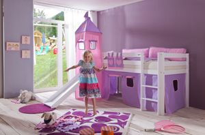 Relita - Halbhohes Spielbett Alex mit Rutsche/Turm Buche massiv weiß lackiert mit Stoffset purple/rosa