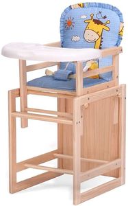Holzhochstuhl Massivholz Hochstuhl Babystuhl Kinderstuhl Tisch + Stuhl 2-in-1 Höheverstellbar mit Cartoon Muster Kissen 76-90cm für 7 Monate - 6 Jahre alt