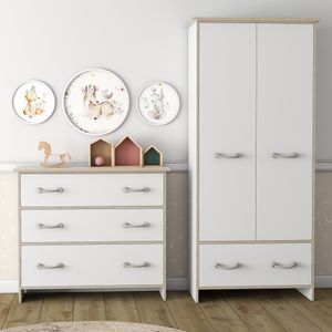 Kleiderschrank Schrank Drehtürenschrank 90 cm Kosmo 06 mit Kommode 108cm Weiß/Weiß Seilgriffe Kosmo 02