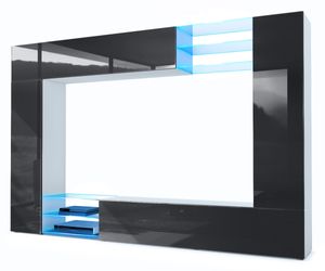 Vladon Wohnwand Mirage,  Germany, Anbauwand mit Rückwand mit 2 Türen, 2 Klappen und 6 offenen Glasablagen, Weiß matt/Schwarz Hochglanz, inkl. LED-Beleuchtung(262 x 183 x 39 cm)
