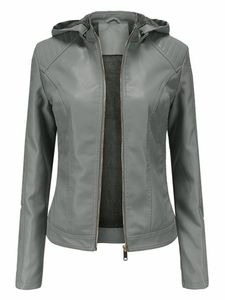 Damen Lederjacken Kapuzen Outwear Fleece Gefüttert Motorrad Jacken Casual Winter Grau,Größe XL