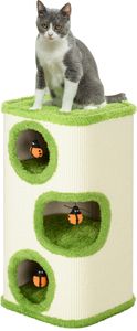 PawHut Kratztonne, 76 cm hoch Katzentonne mit 3 Höhle, Kratzbaum mit Marienkäfer-Spielzeug, Katzenturm aus Sisal, Katzenhöhle für Katze bis 5 kg, Grün
