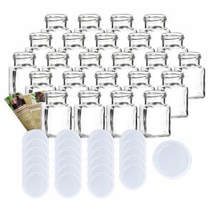 gouveo Einmachgläser 150 ml eckig Schraubverschluss - Vorratsglas mit Deckel, Deckelfarbe:Weiß, Setgröße:24er Set