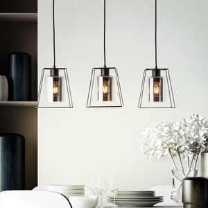 Pendelleuchte aus Rauchglas und matt schwarzem Metall Gitter Lampenschirm | Höhenverstellbar und dimmbar | Drei E27 Fassungen