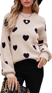 ASKSA Damen Pullover Rundhals Herz Grafik Strickpullover Langarm Winter Strickpulli Casual Herzdruck Strickpullover (Aprikose,M)