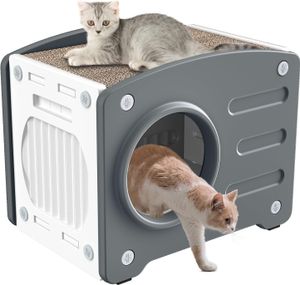 JOIEYOU Katzenhaus Outdoor Katzenhöhle Katzenhütte mit Kratzbretter Katze Winterfest Wasserdicht Draußen Kunststoff Katzenhäuschen Grau+Weiß,55,3x40,5x46 cm