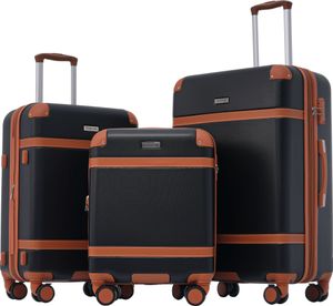 Flieks Kofferset 3 tlg., Vintage-Gepäck, Rollkofferset Trolleyset, Reisekofferset mit 4 Rollen und TSA Schloss, Hartschale Trolley, M-L-XL, Schwarz