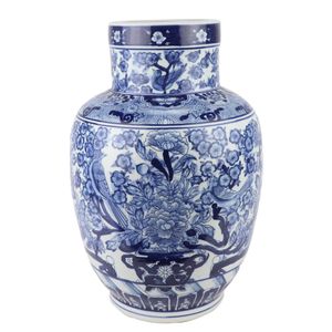 Fine Asianliving Chinesische Vase Blau Weiß Porzellan Rosen und Vögel D28xH42cm Dekorative Vase Blumenvase Orientalische Keramik Vase Dekoration Vase Moderne Tischdekoration Vase