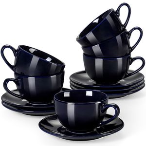 Tassen Set Porzellan, LOVECASA 6-teilige Kaffeetassen mit 6-teilige Untertassen für 6 Personen, Teetassen, Cappuccinotassen, Espressotassen Set, Dunkelblau