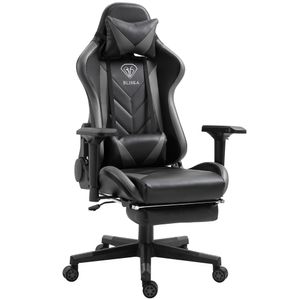 Gaming Stuhl mit Fußstütze und ergonomsichen 4D-Armlehnen gaming chair in ergonomischer Sportsitz Optik Gamer Stuhl mit verstellbaren Rückenstützkissen Bürostuhl, Farbe:Schwarz/Grau