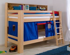 Etagenbett JAN Kinderbett Spielbett Bett mit Bücherregal Buche Blau/Rot