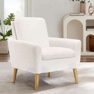 Sessel Wohnzimmer Einzelsofa Loungesessel modern Relaxsessel mit Holzbeinen, Weißer Teddy Stoff, für Wohnzimmer/Schlafzimmer, Weiß
