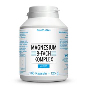 SinoPlaSan Magnesium 8-fach Komplex | 180 Kapseln | 400 mg elementares Magnesium | 8 verschiedene Magnesiumarten | vegan | gluten- und laktosefrei