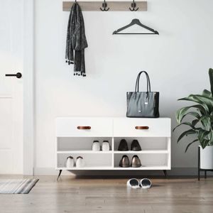 vidaXL Ławka na buty biały wysoki połysk 102x35x55 cm materiał drewnopochodny - Ławka na buty - Ławki na buty - Ławka z miejscem do przechowywania - Stojak na buty