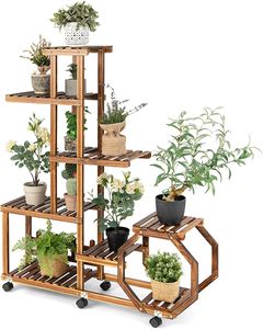 GOPLUS Pflanzenständer aus Holz mit 8 Etagen, rollendes Blumenregal mit achteckigem Design, freistehendes Eck-Pflanzenregal auf Rädern (107 x 29 x 126 cm)