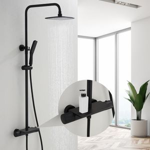 Duschsystem mit Thermostat Dusche inkl. Regal Duscharmatur Schwarz Edelstahl Regendusche Duschset verstellbarer Duschstange Duschset