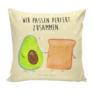 Mr. & Mrs. Panda Sitzkissen Avocado Toast - Gelb Pastell - Geschenk, Toastbrot, Sofakissen, Kissenhülle 40x40, Liebespaar, Freund, Veggie, Motivkissen, Vegan, Gesund