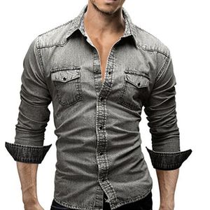 Herren Casual Langarm Jeanshemd Oberteile Bluse Überhemden Button-Down-Taschen,Farbe: Hellgrau,Größe:XL