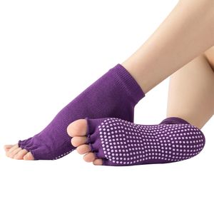 Rutschfeste Yoga-Socken mit Griffen für Pilates, Ballett, Barfuß, Krankenhaus, rutschfeste Socken für Damen und Herren , Lila, halber Finger