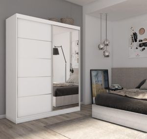 Beautysofa Schwebetürenschrank mit Spiegel Marika, Kledierschrank mit Einlegeböden und Kledierstange (Farbe: Weiß, Breite: 160 cm, ohne LED)