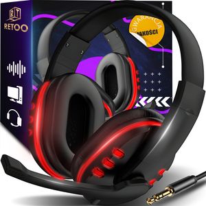 Gaming Headset für PS4 PS5 PC Xbox Computer und Laptop Gamer Headphones Kabelgebundenes mit Mikrofon Kopfhörer Over-Ear Stecker 3.5 mm Rot Retoo