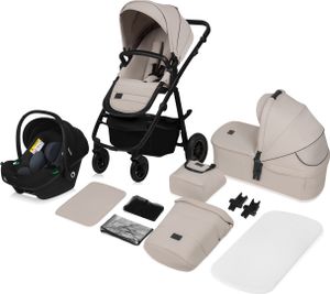 Lionelo Amber Plus - Kočík 3 v 1 - Set športový, sedadlo, pevná prenosná postieľka, autosedačka, taška, moskytiéra, pláštenka - Beige Sand