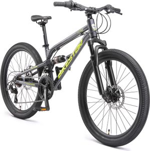 BIKESTAR Alu Kinder Jugend Mountainbike Vollgefedert, 21 Gang Shimano, 24 Zoll ab 9 - 10 Jahre | Fully MTB Scheibenbremse | Schwarz